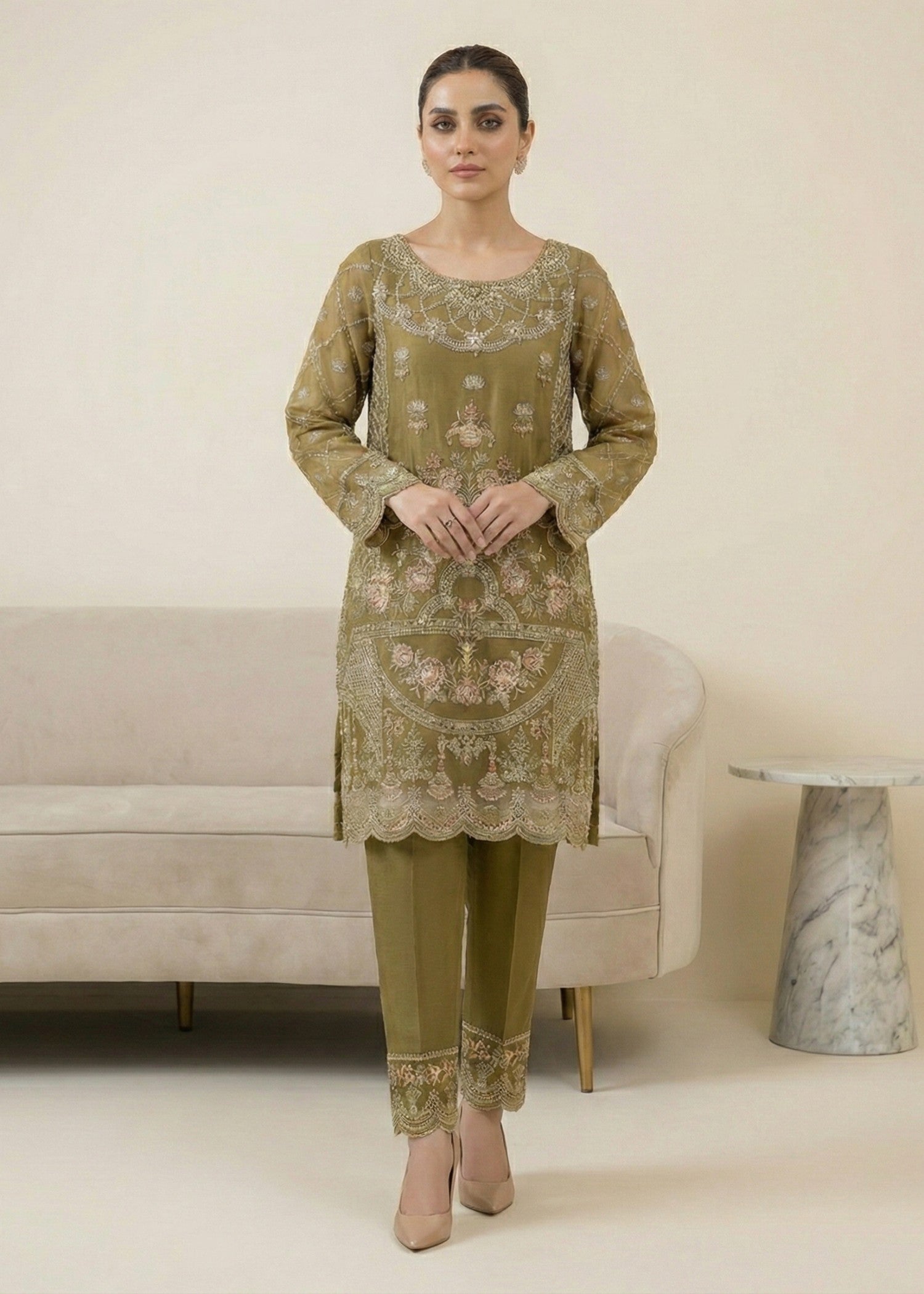 Festive Wear Olive Green Organza Three Piece Suit Online in Sri Lanka India Australia