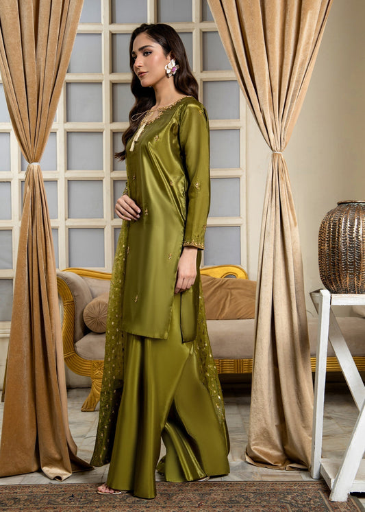 Festive Wear Olive Green Zari Organza Dupatta Set Online in Sri Lanka India Australia