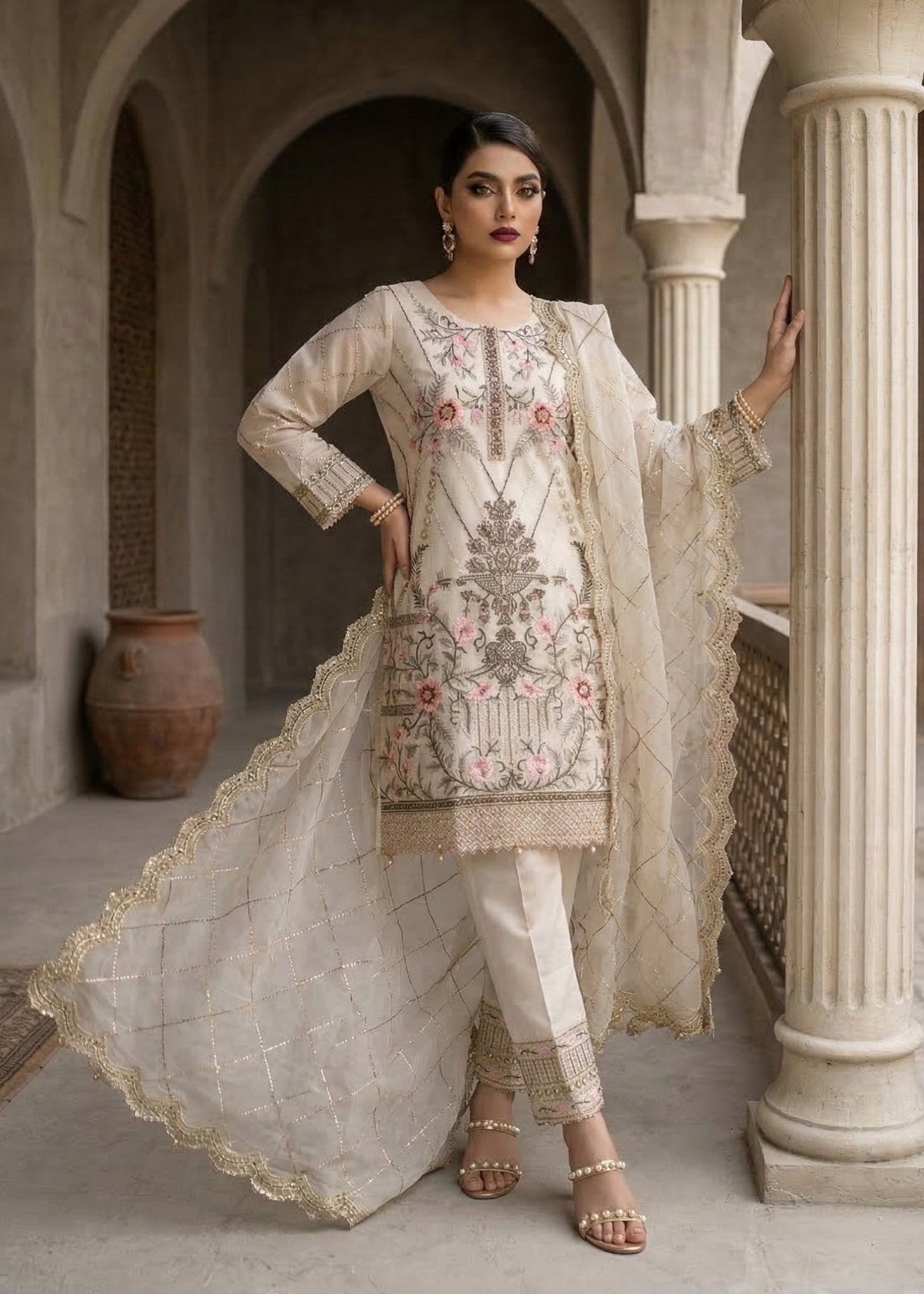Festive Wear Organza Suit Off White Online in Sri Lanka India Australia