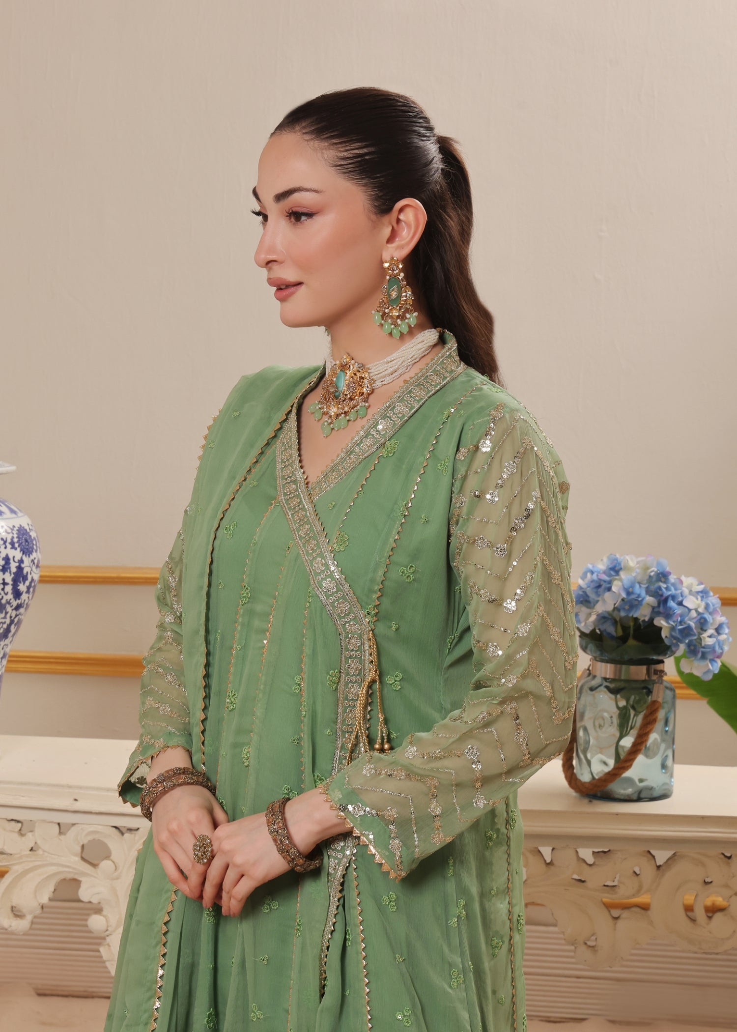 Festive Wear Pastel Green Chiffon Angrakha Set Online in Sri Lanka India Australia