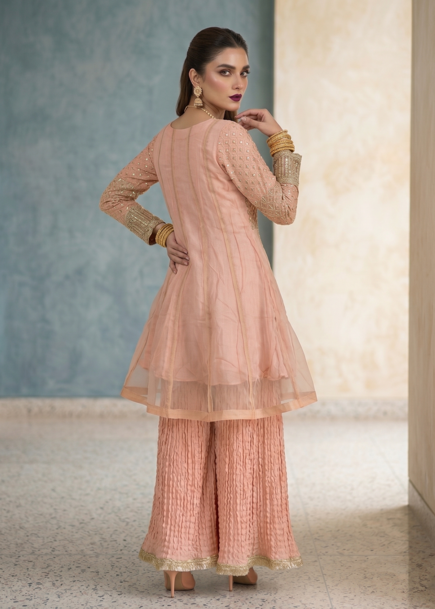 Festive Wear Peach Embroidered Gharara Online in Sri Lanka India Australia