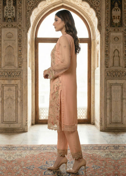 Festive Wear Peach Embroidered Organza Dress Material Online in Sri Lanka India Australia