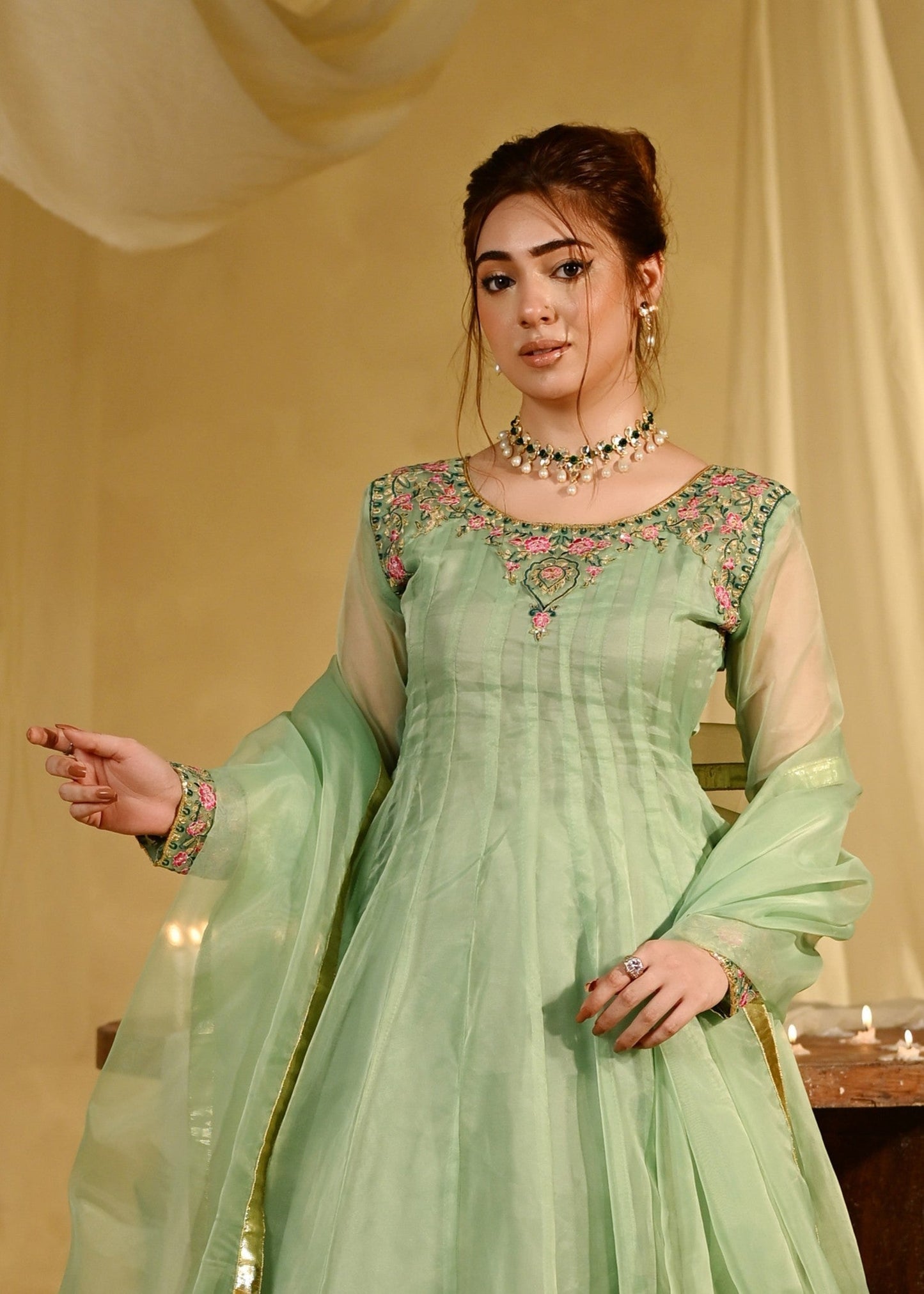 Festive Wear Pistachio Embroidered Organza Pishwas Online in Sri Lanka India Australia