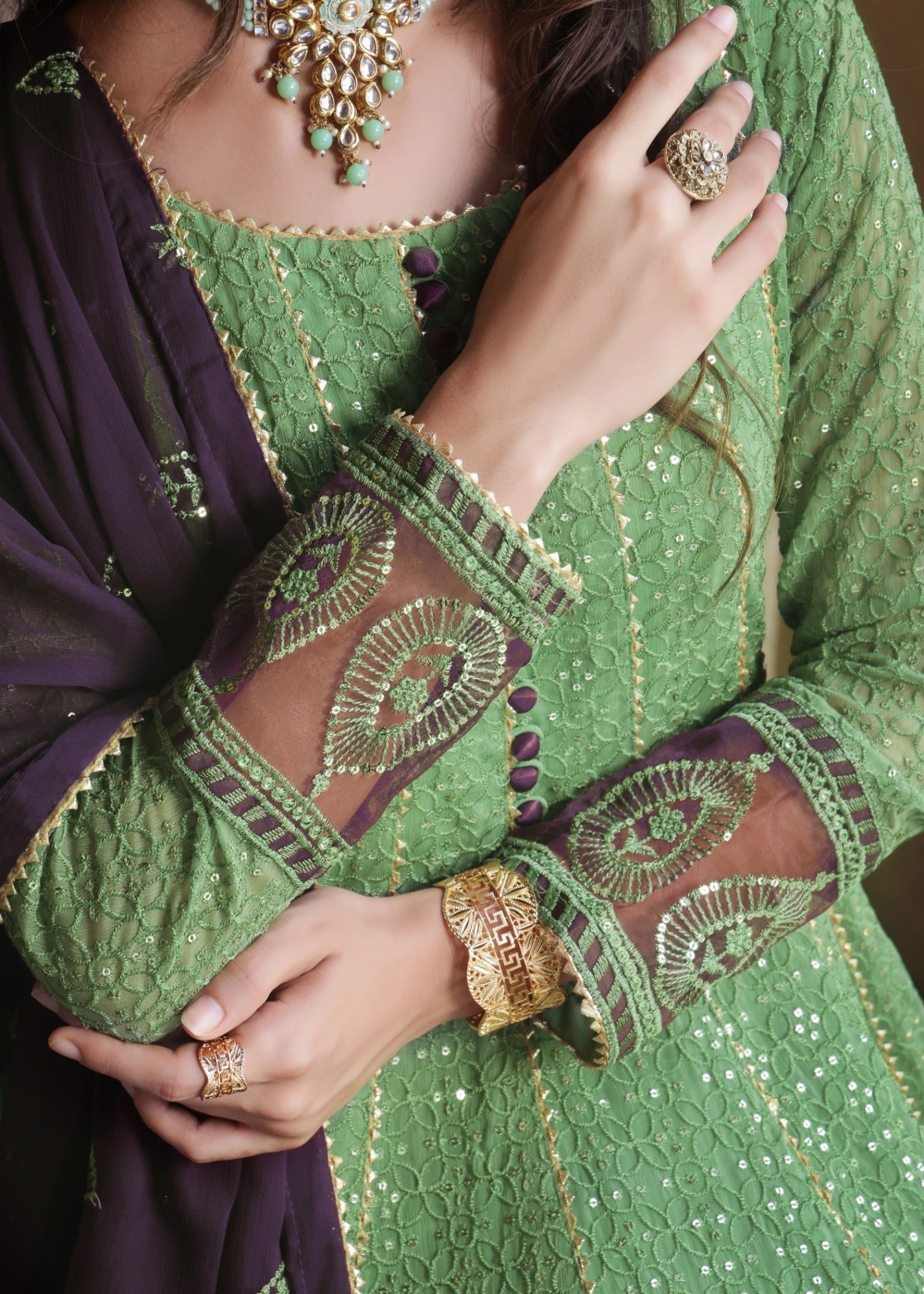 Festive Wear Pistachio Green Chiffon Pishwas Online in Sri Lanka India Australia