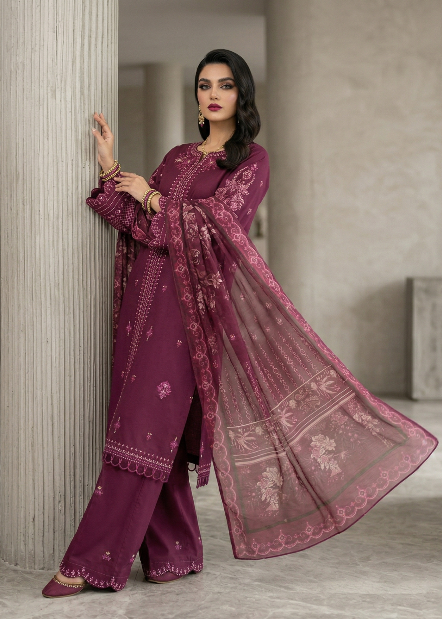 Festive Wear Plum Embroidered Lawn Suit Online in Sri Lanka India Australia
