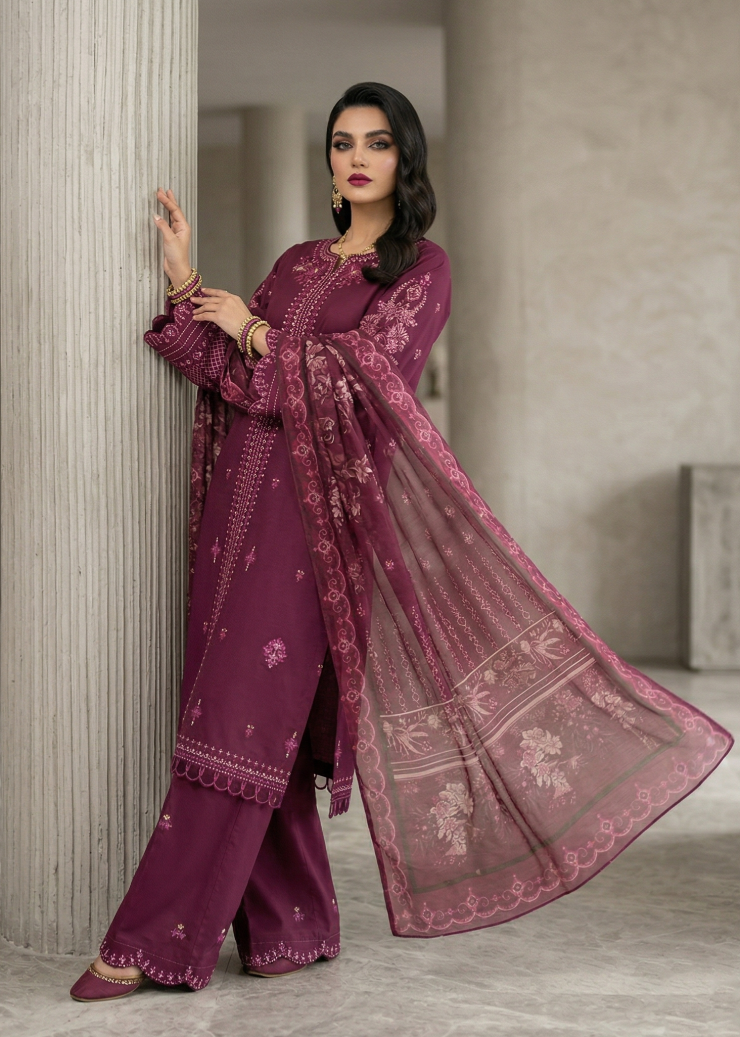 Festive Wear Plum Embroidered Lawn Suit Online in Sri Lanka India Australia