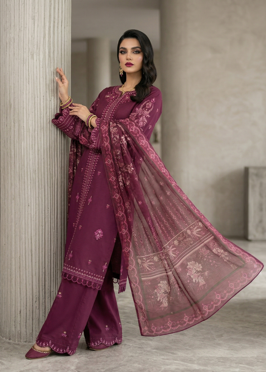 Festive Wear Plum Embroidered Lawn Suit Online in Sri Lanka India Australia