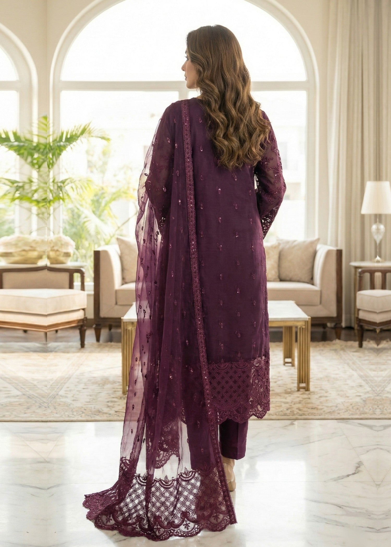 Festive Wear Plum Organza Suit with Dupatta Online in Sri Lanka India Australia