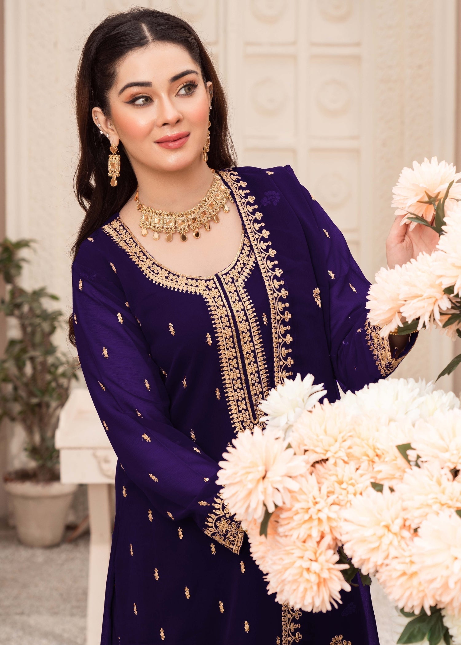 Festive Wear Purple Chiffon Long Kurta with Dupatta Online in Dubai DXB UAE Abudhabi Meena Bazaar