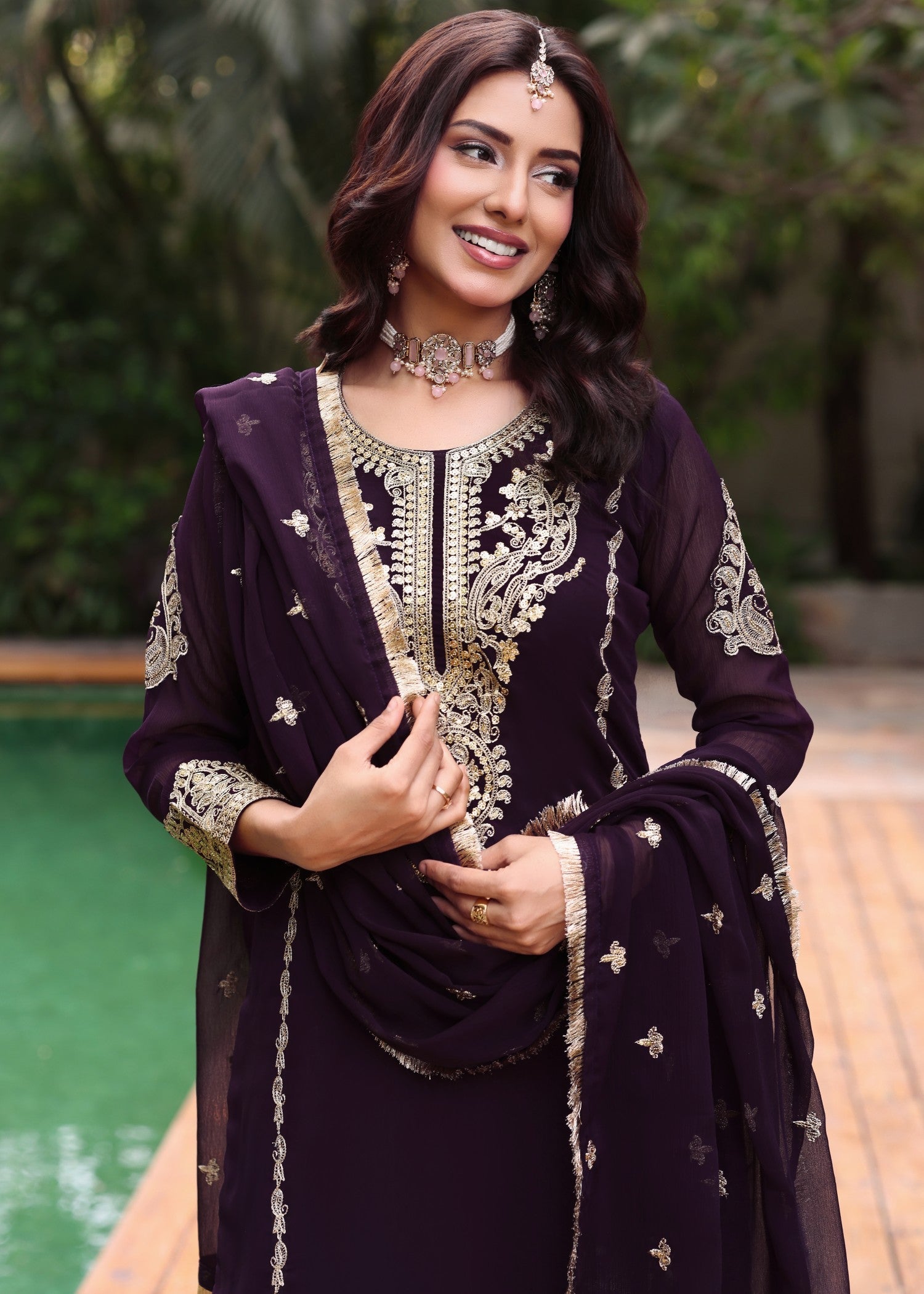 Festive Wear Purple Embroidered Chiffon Suit Online in Dubai UAE Abudhabi Ajman Sharjah