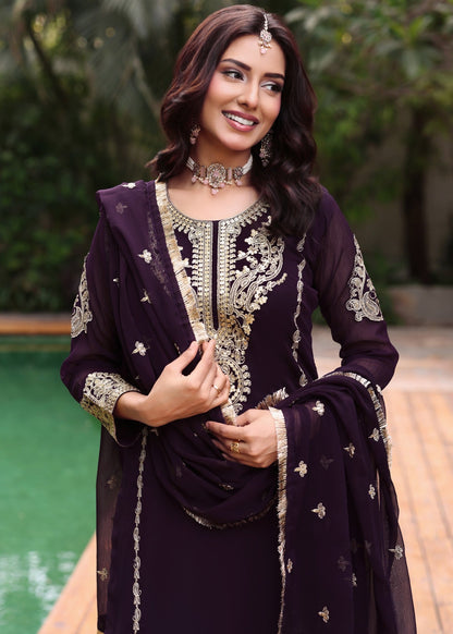 Festive Wear Purple Embroidered Chiffon Suit Online in Dubai UAE Abudhabi Ajman Sharjah