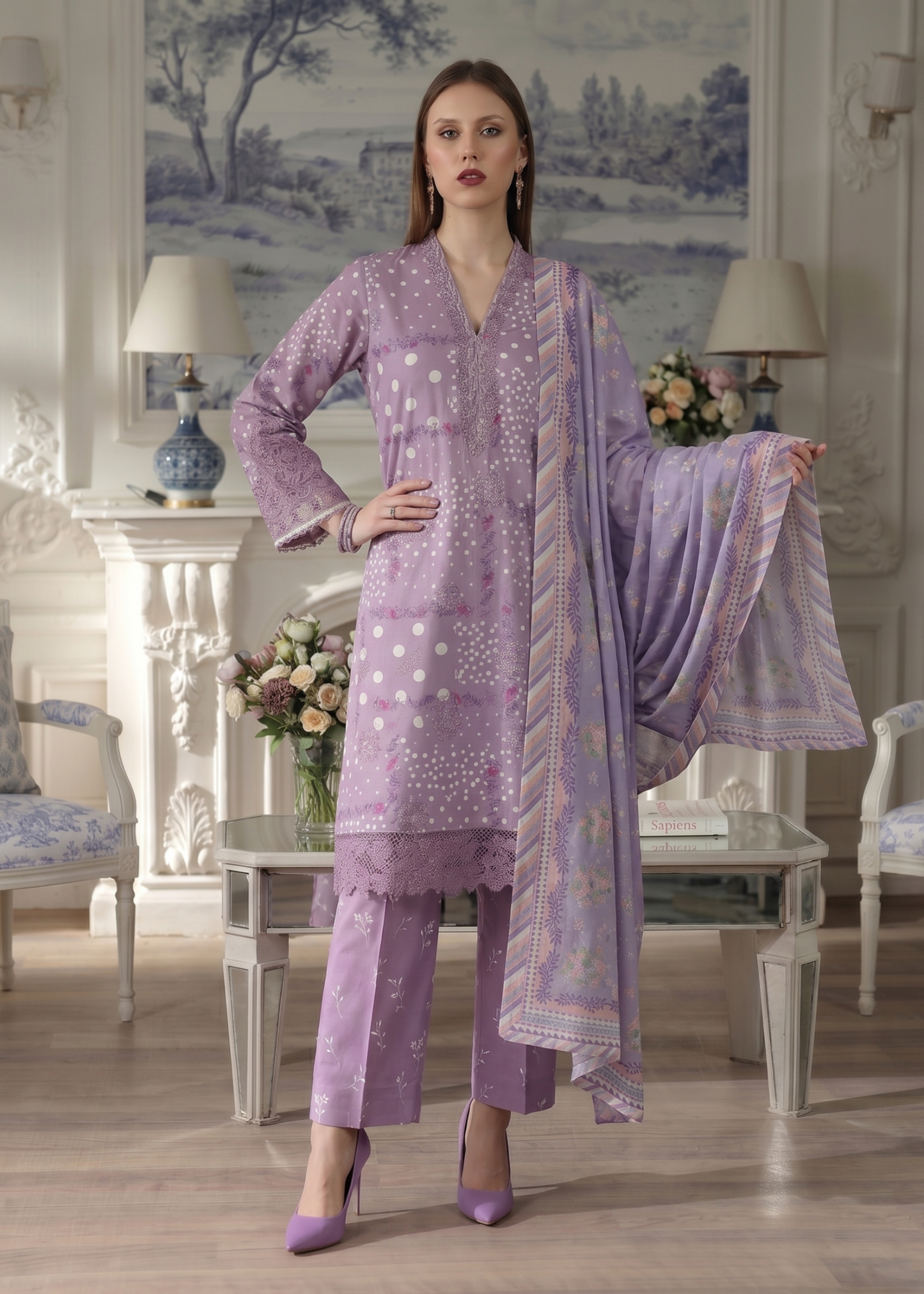 Festive Wear Purple Lawn Suit with Silk Dupatta Online in Sri Lanka India Australia