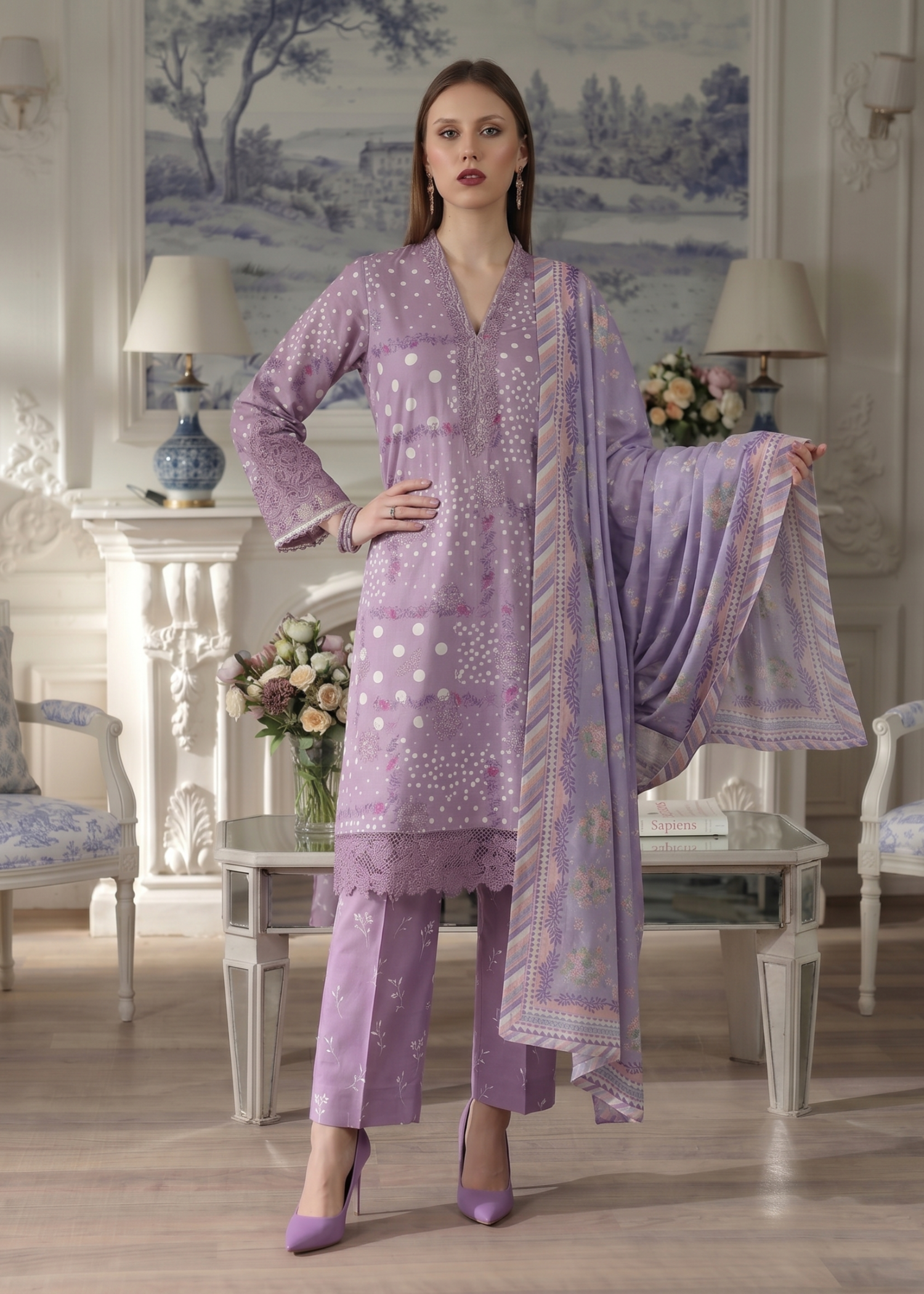 Festive Wear Purple Lawn Suit with Silk Dupatta Online in Sri Lanka India Australia