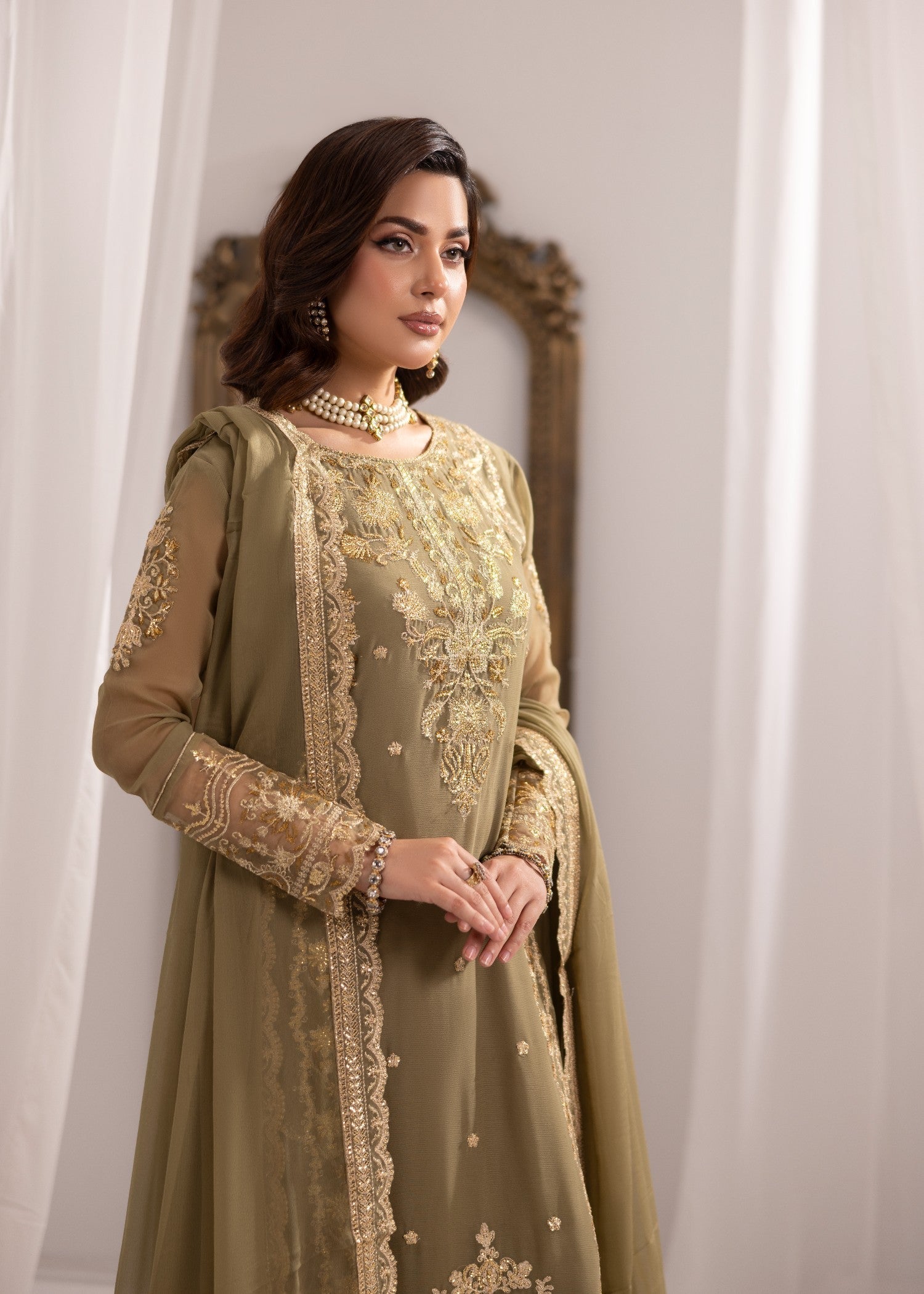 Festive Wear Sage Green Embroidered Kurta with Dupatta Online in Sri Lanka India Australia