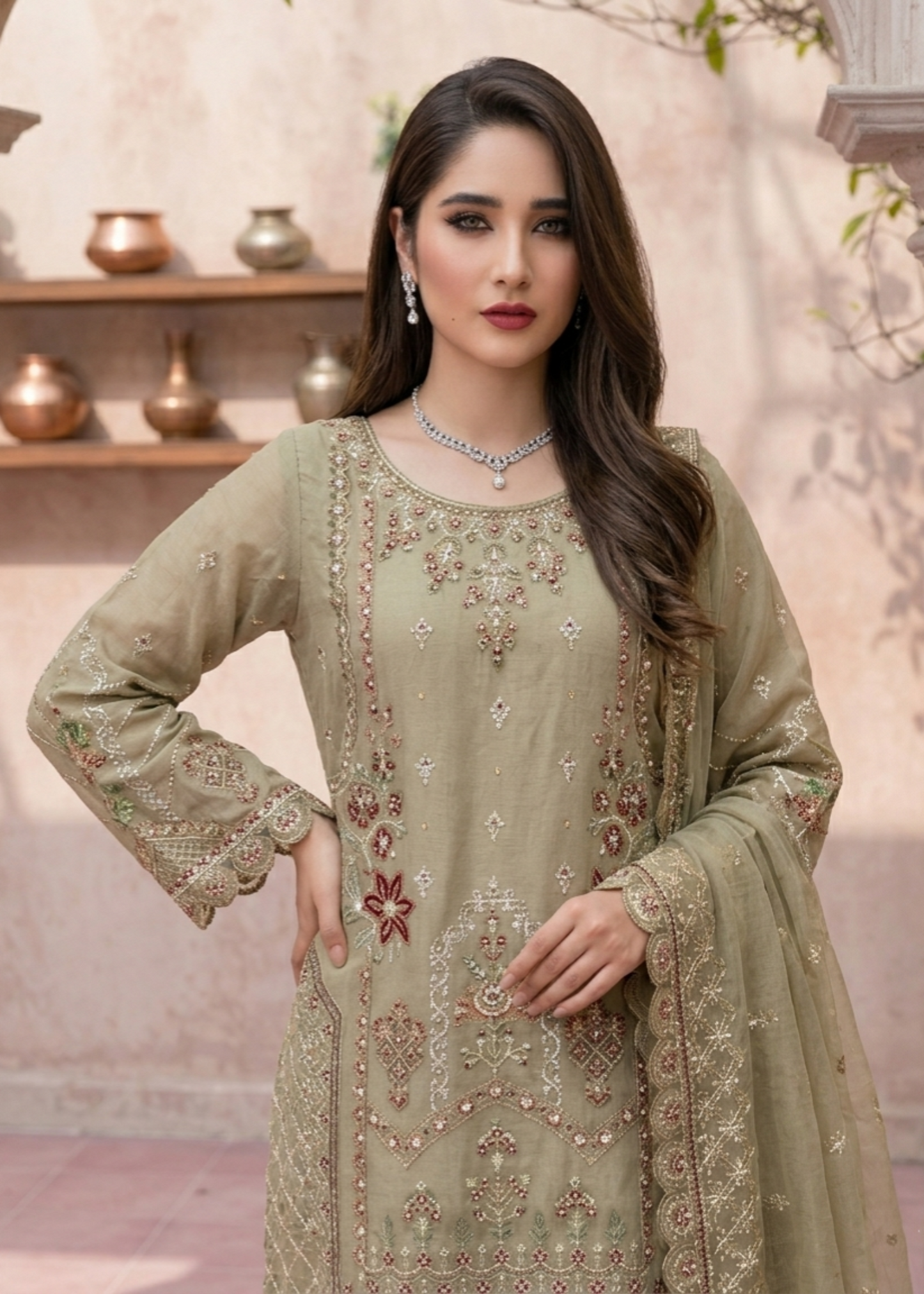 Festive Wear Sage Green Organza Pakistani Suit Online in Sri Lanka India Australia