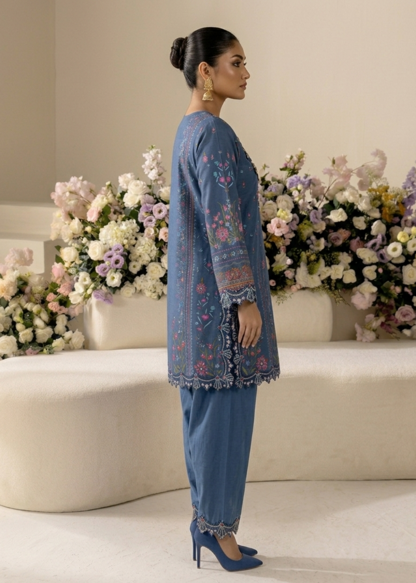 Festive Wear Sapphire Blue Embroidered Raw Silk 3 Piece Suit Online in Sri Lanka India Australia