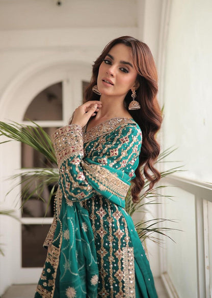 Festive Wear Sea Green Embroidered Chiffon Suit Online in Dubai UAE Abudhabi Ajman Sharjah