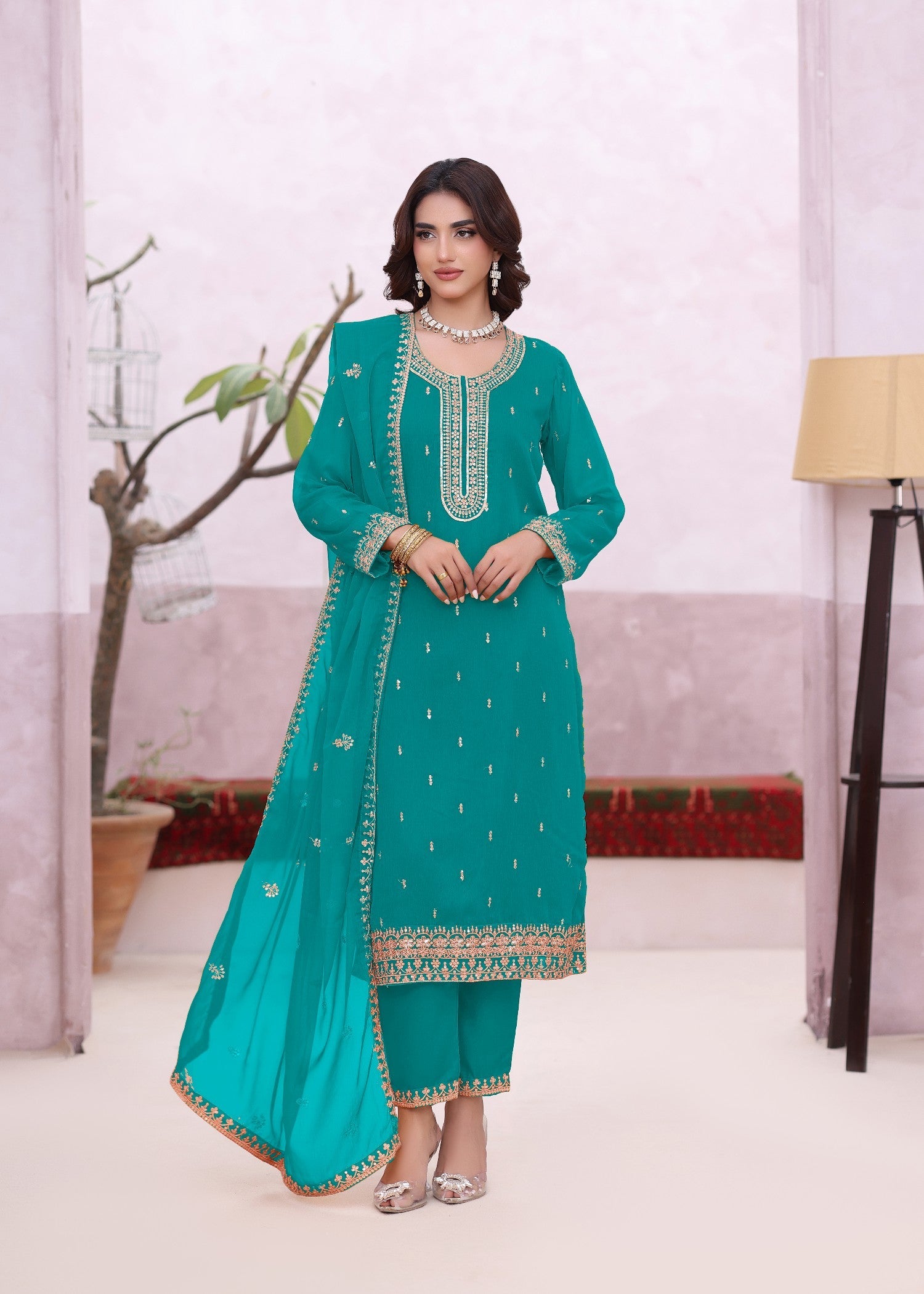 Festive Wear Sea Green Embroidered Chiffon Suit Online in Sri Lanka India Australia