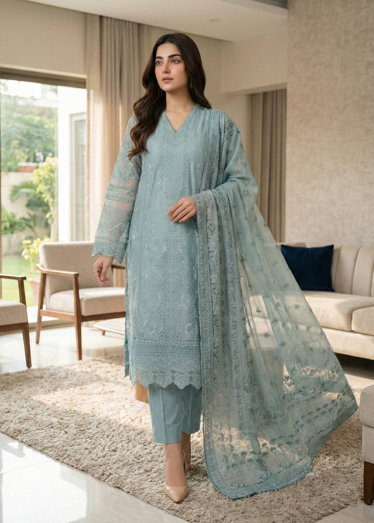 Festive Wear Sky Blue Chikankari Cotton 3 Piece Suit Online in Sri Lanka India Australia