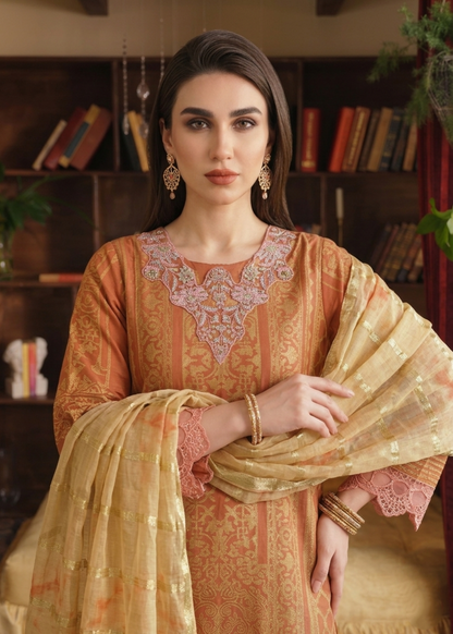 Festive Wear Yellow-Orange Embroidered Jacquard Salwar Suit Online in KSA Riyadh Saudi Arabia Oman Bahrain Qatar