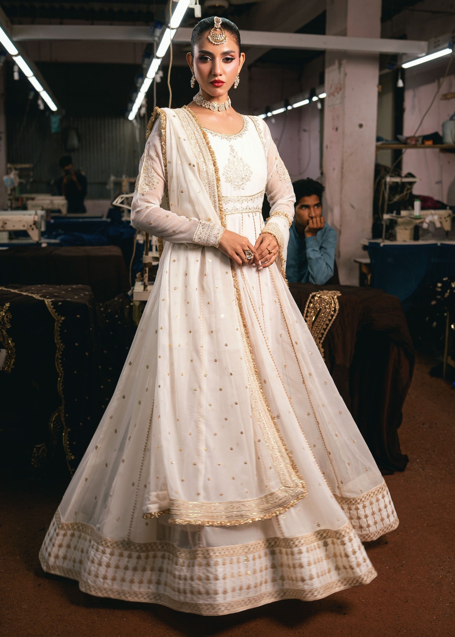 Festive White Chiffon Maxi with Lace Detailing Online in Sri Lanka India Australia