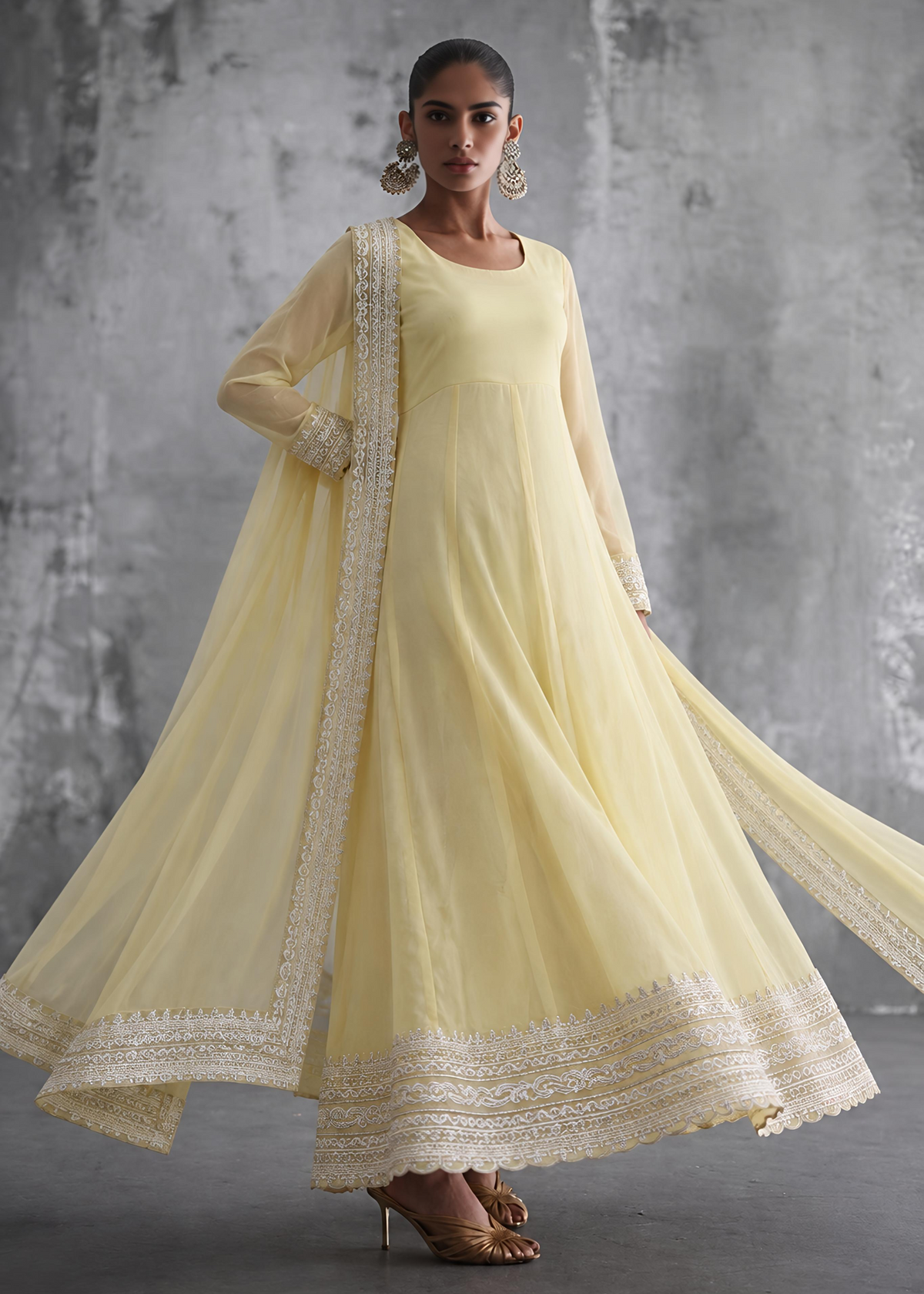 Festive Yellow Chiffon Salwar Kameez with Dupatta Online in KSA Riyadh Saudi Arabia Oman Bahrain Qatar