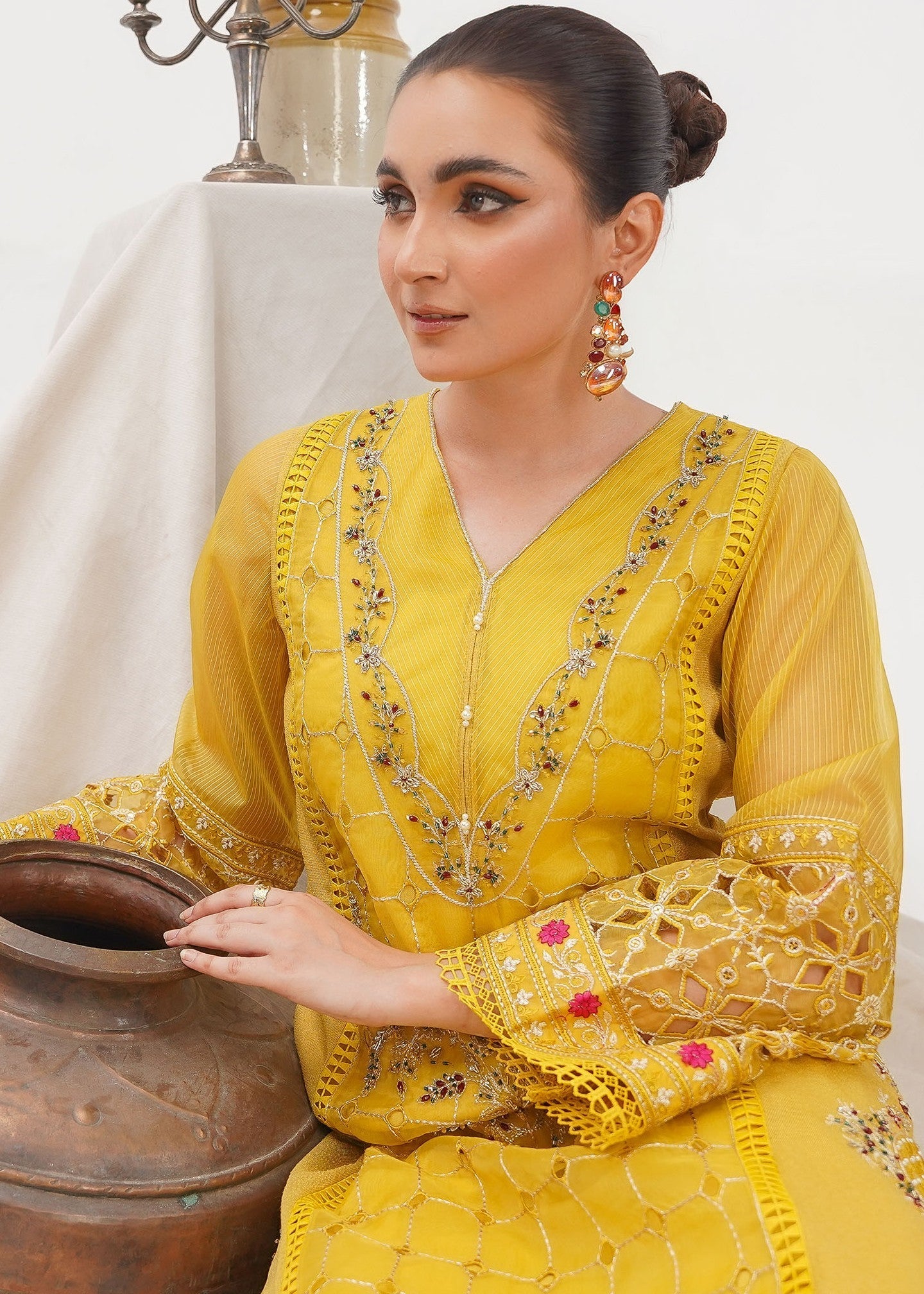 Festive Yellow Cotton Net Suit Online in Dubai DXB UAE Abudhabi Meena Bazaar