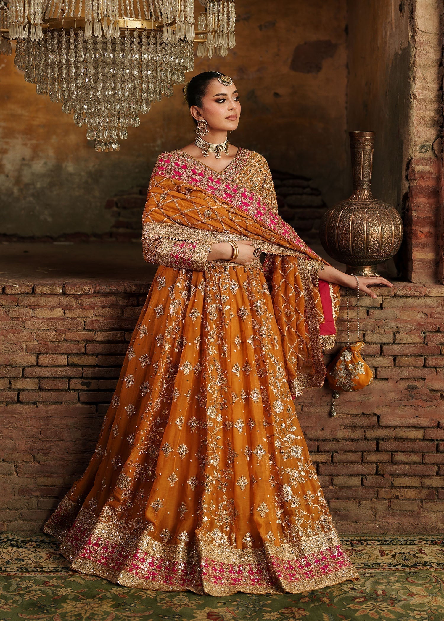 Festive Yellow-Orange Chiffon Ladies Suit Online in UK USA Canada