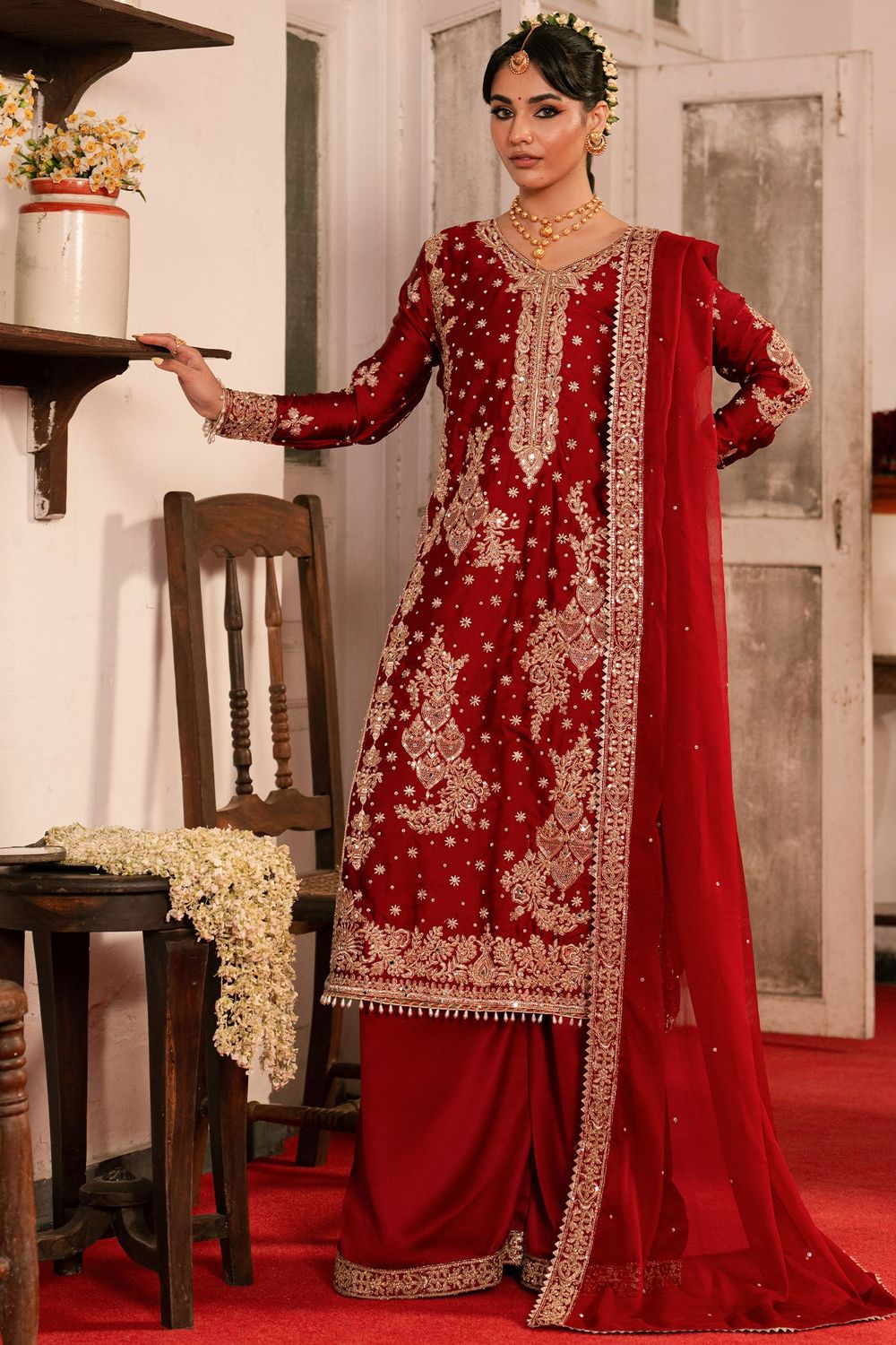 Fire Red Charmuse Wedding Guest Suit Online in Dubai UAE Abudhabi Ajman Sharjah