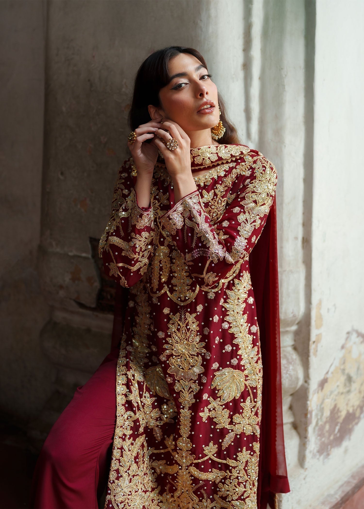 Fire Red Chiffon Ladies Suit Online in UK USA Canada