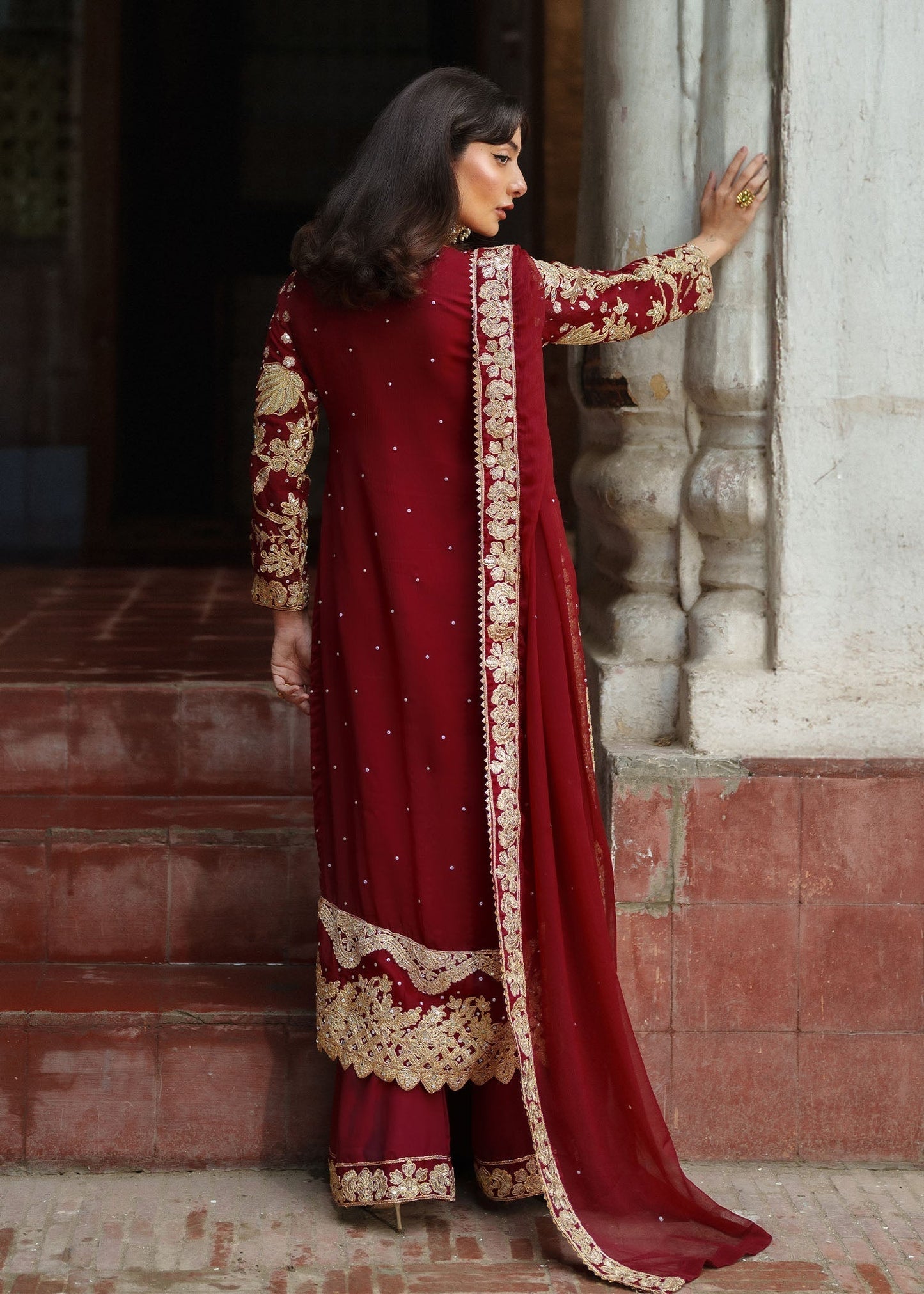Fire Red Chiffon Potli Bag Suit Online in Dubai DXB UAE Abudhabi Meena Bazaar