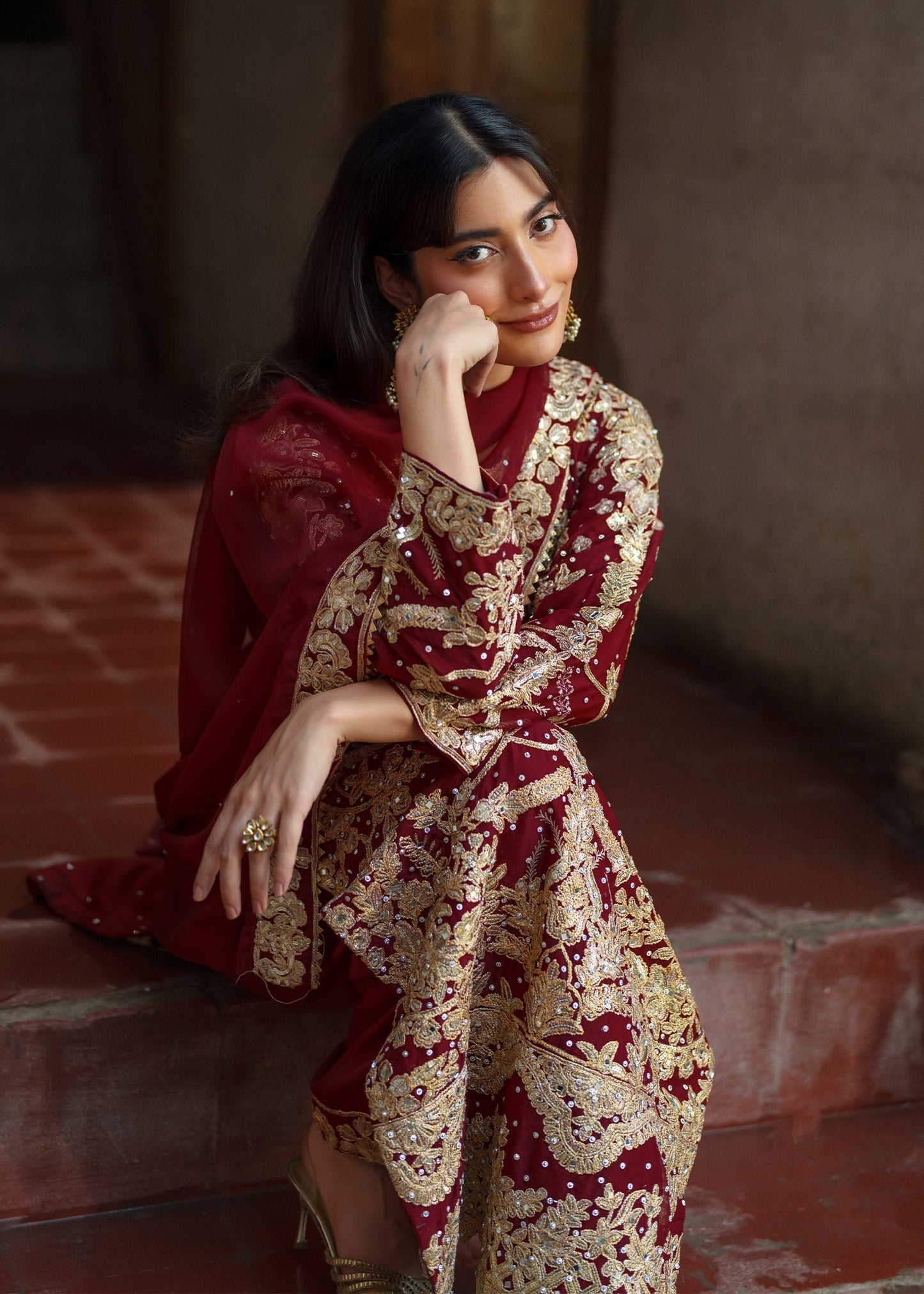 Fire Red Chiffon Wedding Guest Suit Online in Dubai DXB UAE Abudhabi Meena Bazaar