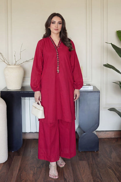 Fire Red Lacework Lawn Kurta Set Online in Dubai UAE Abudhabi Ajman Sharjah