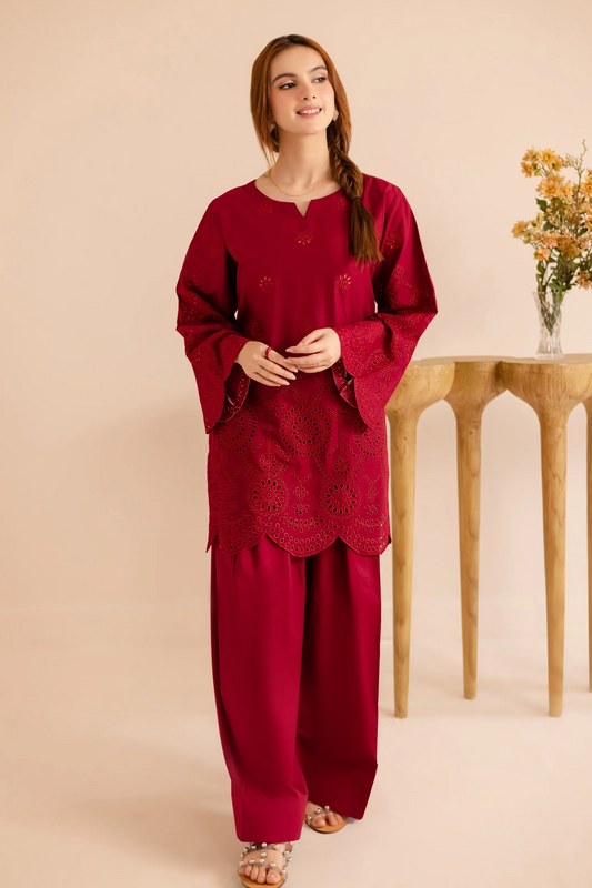 Fire Red Schiffli Embroidered Lawn Kurta Set Online in Dubai UAE Abudhabi Ajman Sharjah