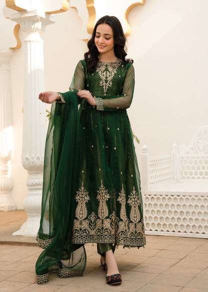 Flared Pishwas Embroidered Bottle Green Online in UK USA Canada