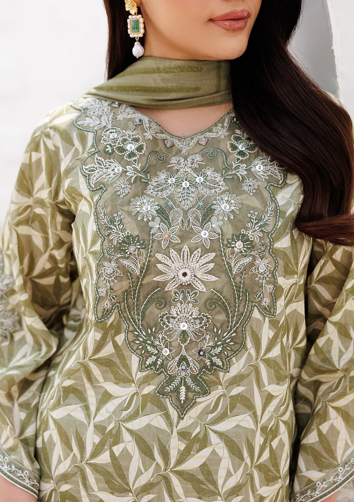 Floral Embroidered Lawn Suit Olive Green Online in Sri Lanka India Australia