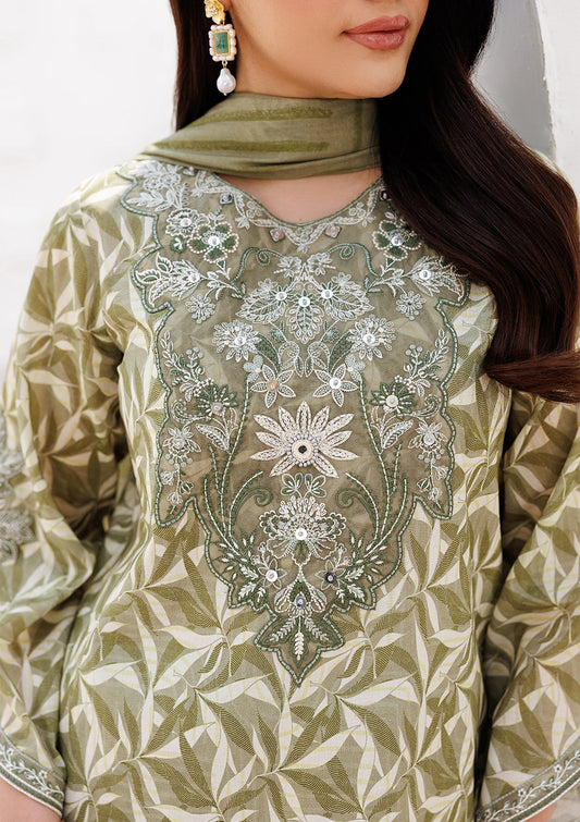 Floral Embroidered Lawn Suit Olive Green Online in Sri Lanka India Australia