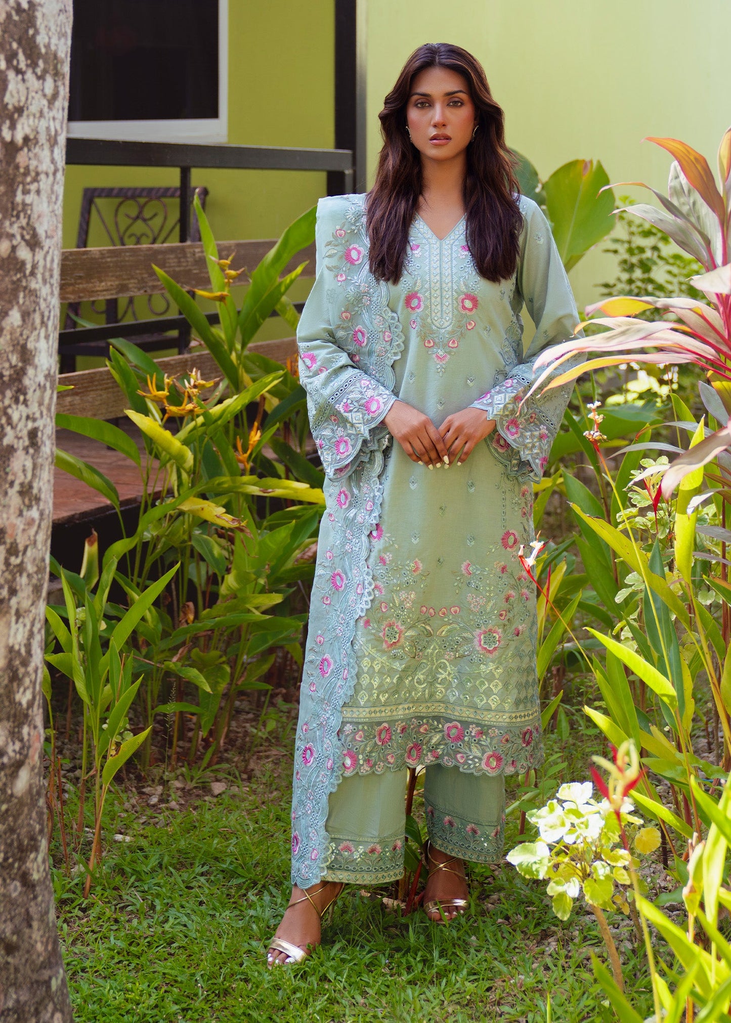 Floral Embroidered Mint Green Lawn Dress Material Online in Dubai UAE Abudhabi Ajman Sharjah