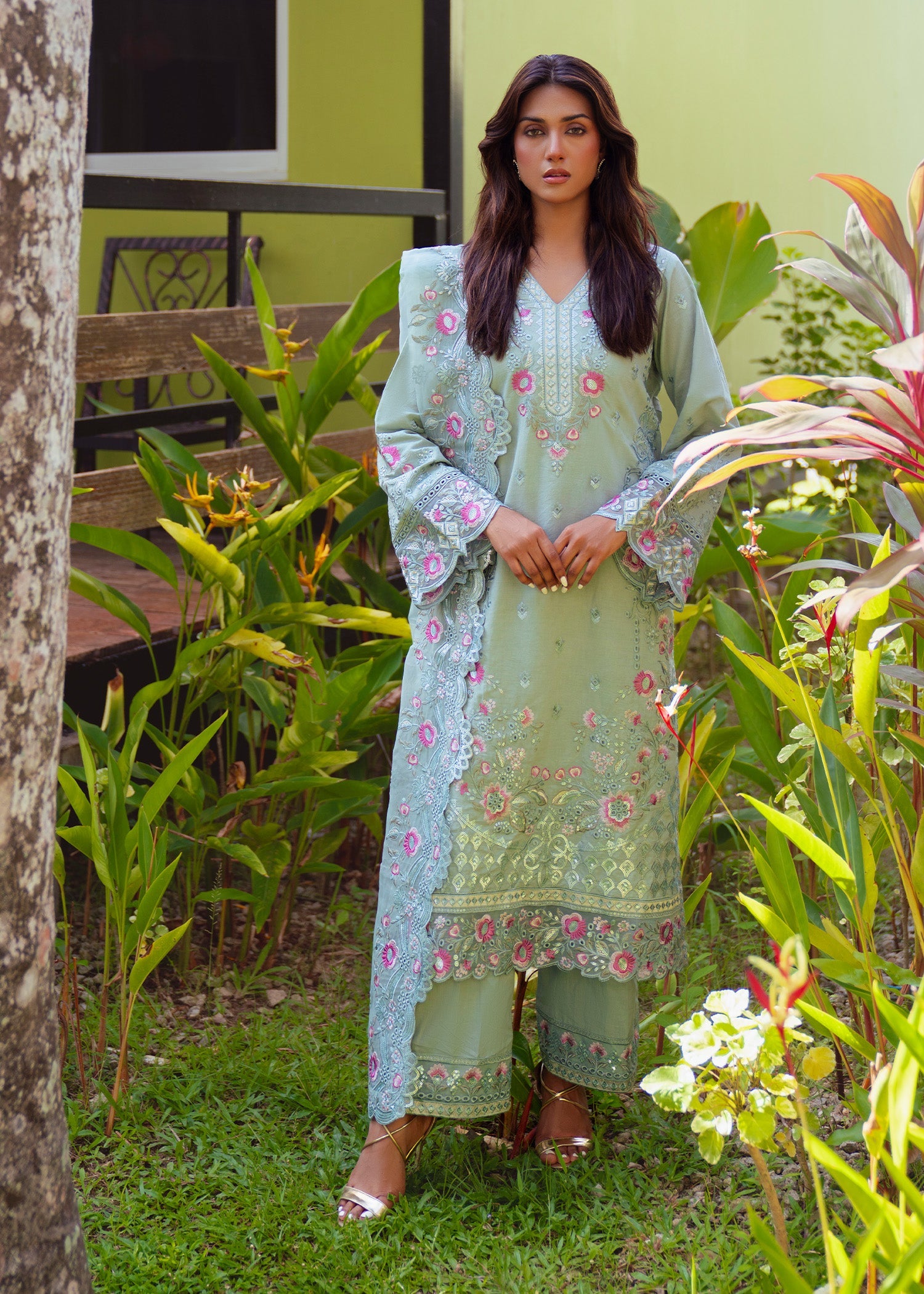 Floral Embroidered Mint Green Lawn Dress Material Online in Dubai UAE Abudhabi Ajman Sharjah