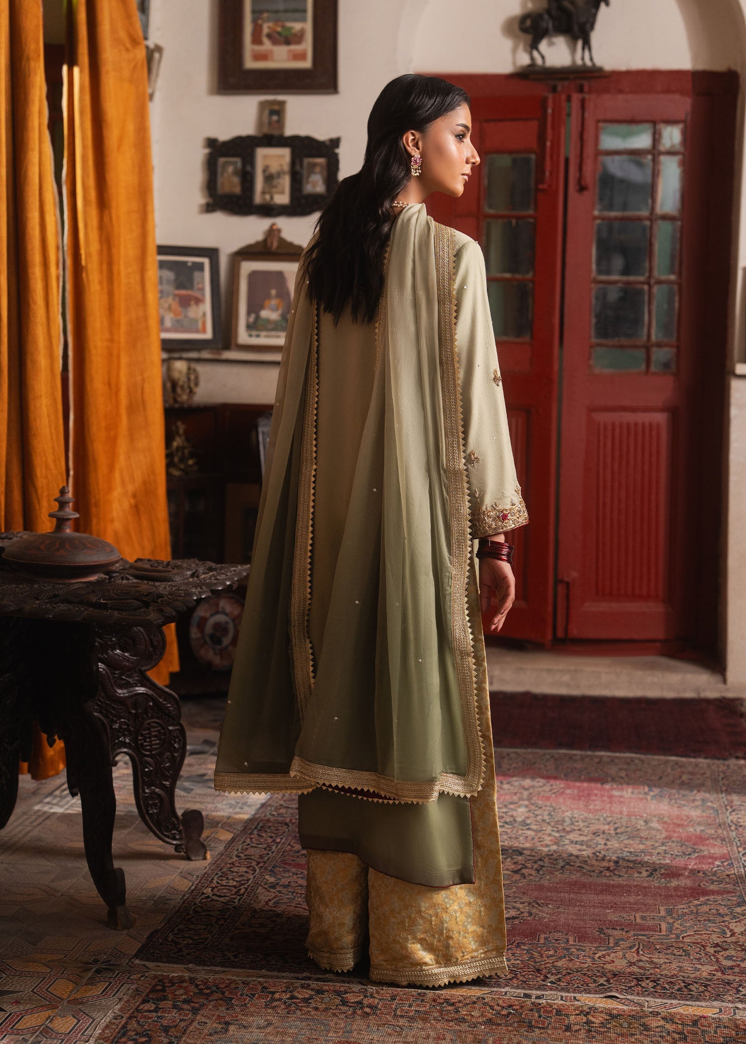 Floral Embroidered Pistachio Chiffon Wedding Guest Outfit Online in Dubai UAE Abudhabi Ajman Sharjah