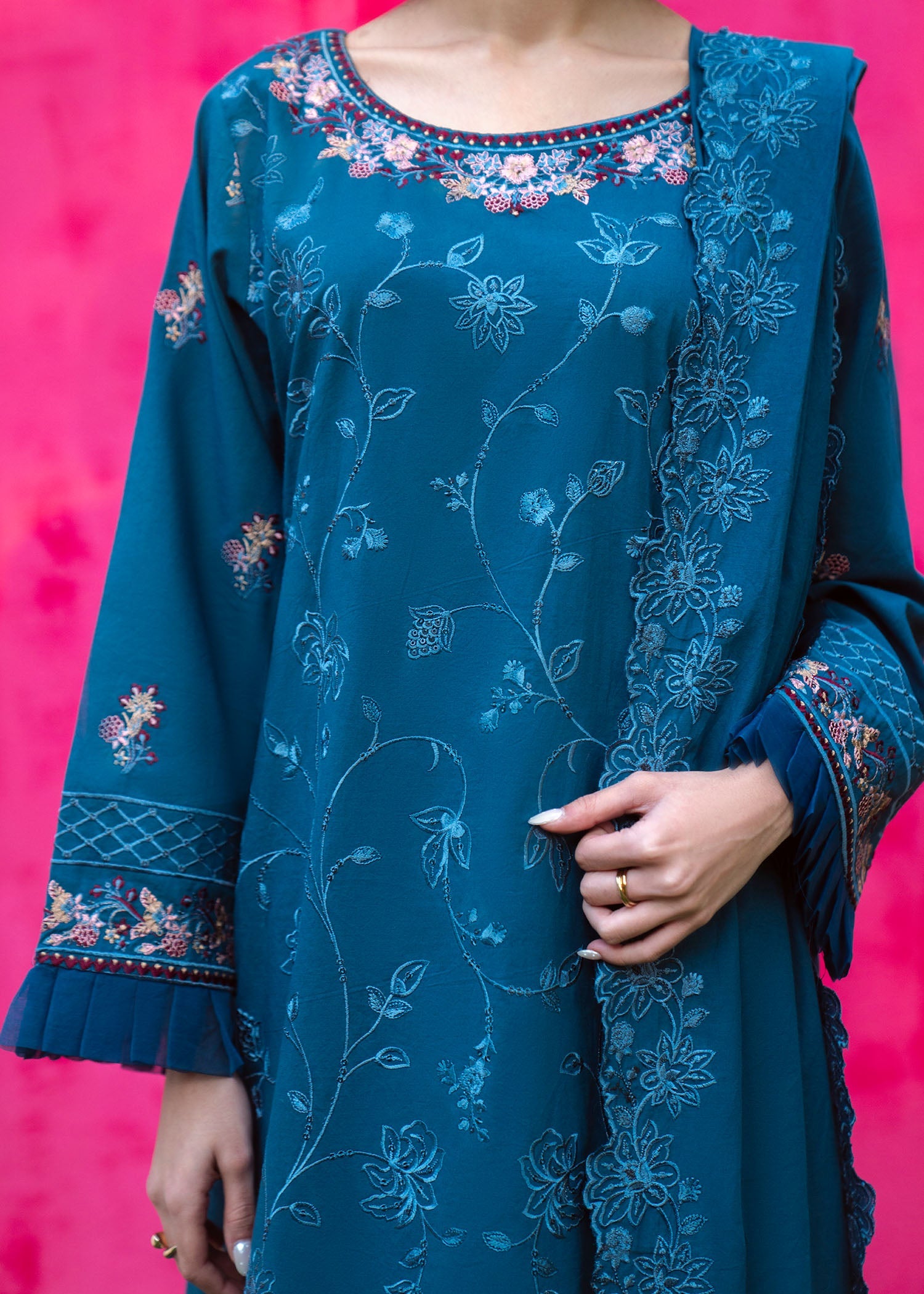 Floral Embroidered Steel Blue Lawn Suit Online in Sri Lanka India Australia