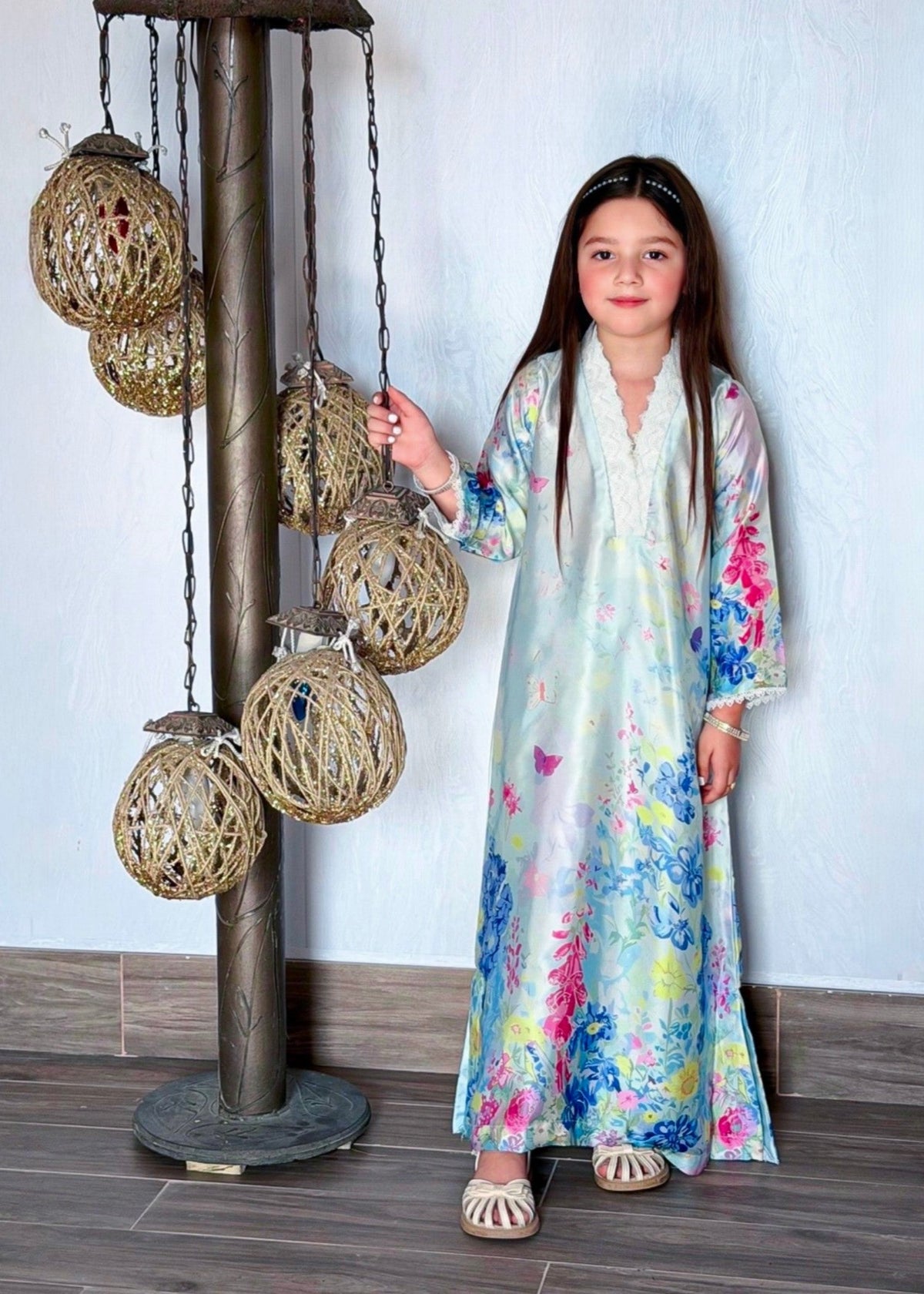 Floral Print Ice Blue Silk Kaftan Online in KSA Riyadh Saudi Arabia Oman Bahrain Qatar