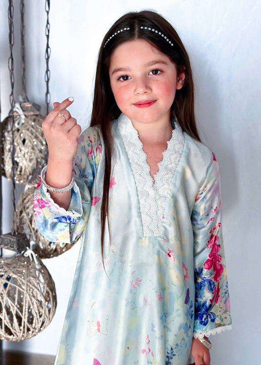 Floral Print Ice Blue Silk Kaftan Online in KSA Riyadh Saudi Arabia Oman Bahrain Qatar