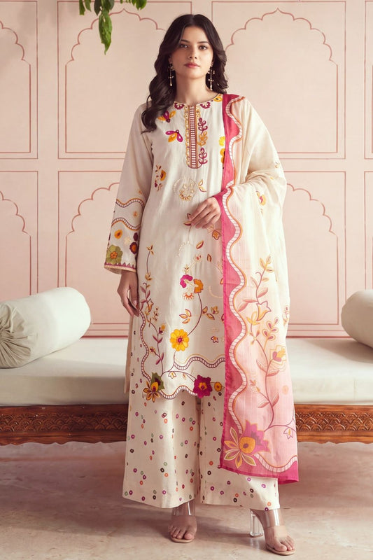 Floral White Embroidered Lawn Pakistani Suit Online in Dubai UAE Abudhabi Ajman Sharjah