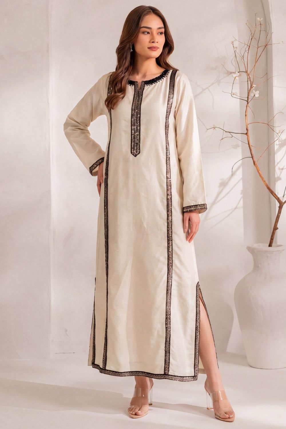 Floral White Sequined Khaddar Kaftan Online in Dubai UAE Abudhabi Ajman Sharjah