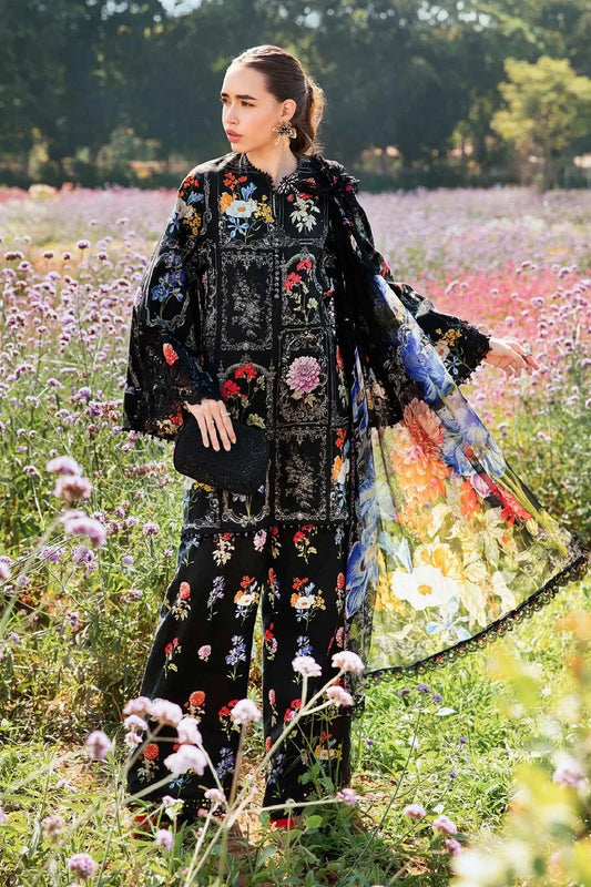 Floral Black Pure Lawn Suit with Chiffon Dupatta
