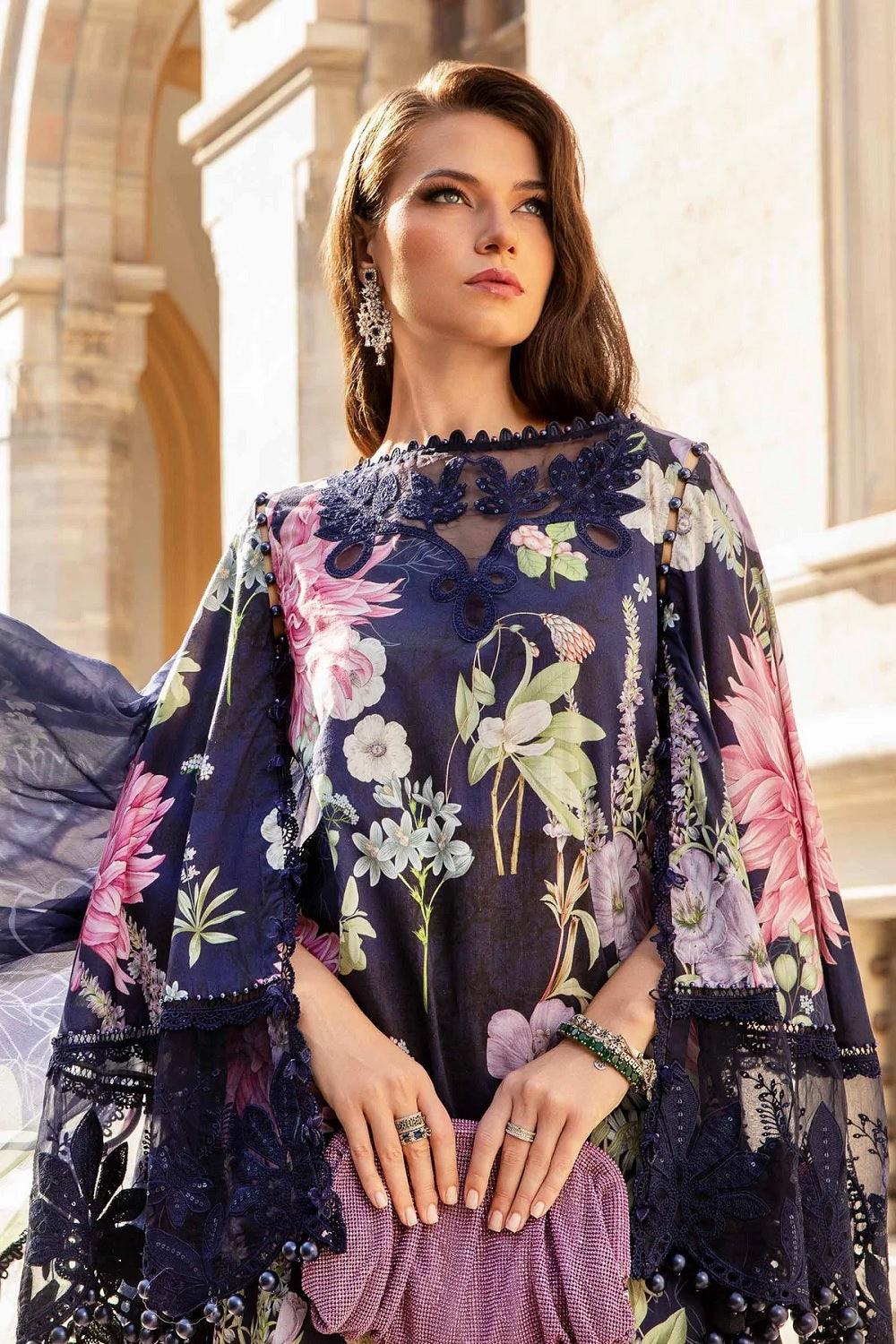 Navy Blue Lawn Suit with Chiffon Dupatta