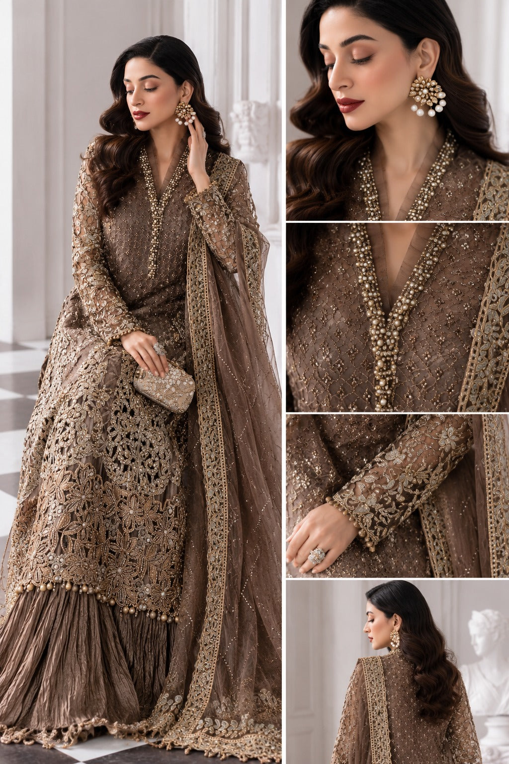 Formal Brown Organza Salwar Kameez Online in KSA Riyadh Saudi Arabia Oman Bahrain Qatar