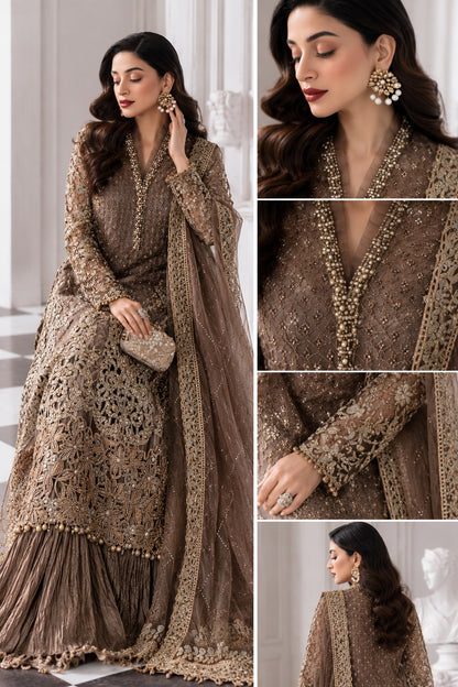 Formal Brown Organza Salwar Kameez Online in KSA Riyadh Saudi Arabia Oman Bahrain Qatar