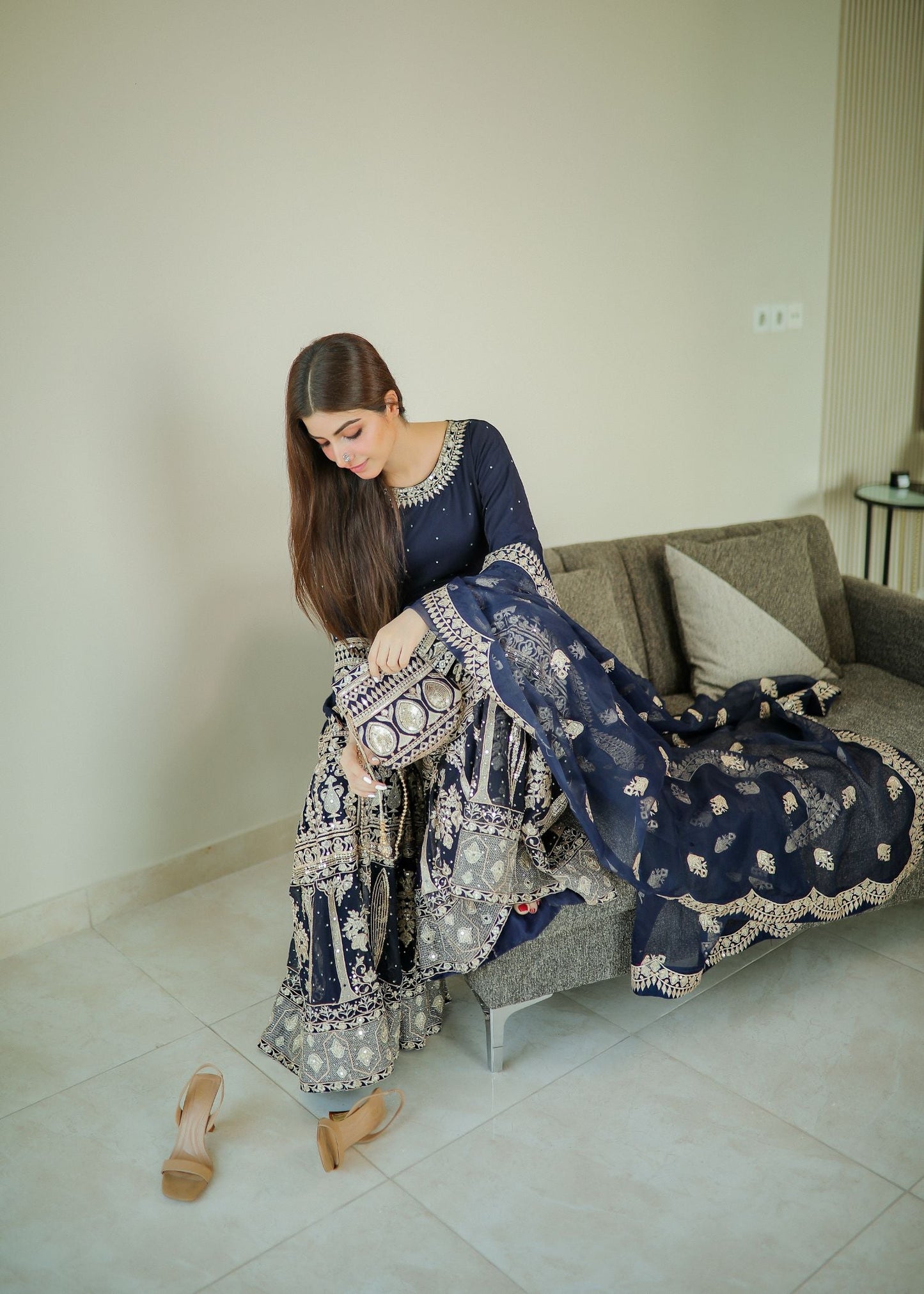 Formal Dark Blue Organza Wedding Guest Suit Online in Sri Lanka India Australia